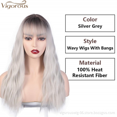 Vigorous Long Wavy Wig With Flat Bangs 100% Heat Resistant Synthetic Sliver Gray Wig Natural Looking Machine Made Wigs For Women